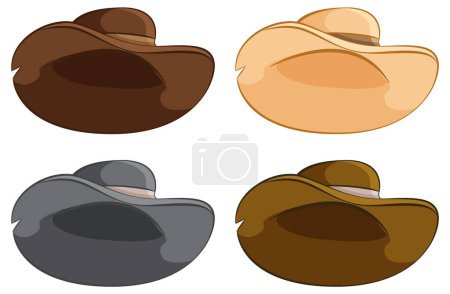 Ilustración de Cuatro sombreros de vaquero vector estilizado en diferentes colores. - Imagen libre de derechos
