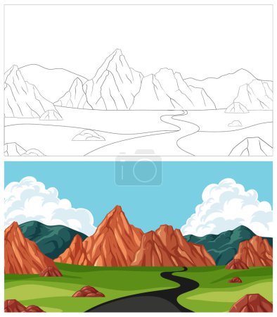 Ilustración de Colorido vector de montañas, caminos y nubes. - Imagen libre de derechos