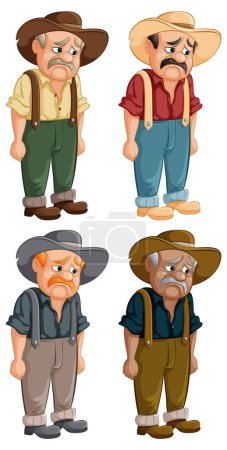 Ilustración de un agricultor con cuatro expresiones diferentes.