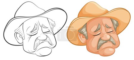 Téléchargez les illustrations : Deux visages de cow-boy stylisés exprimant tristesse et prévenance. - en licence libre de droit