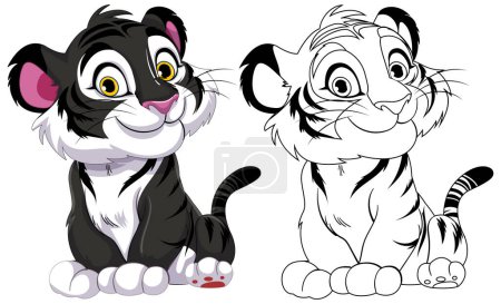 Téléchargez les illustrations : Des petits tigres colorés et esquissés assis côte à côte. - en licence libre de droit