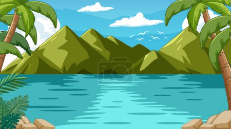 Illustration for Serene lake with mountains and palm trees - Royalty Free Image