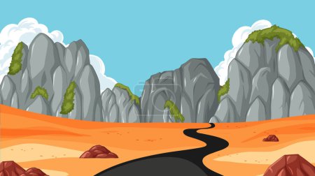 Vector illustration of a desert road with mountains.