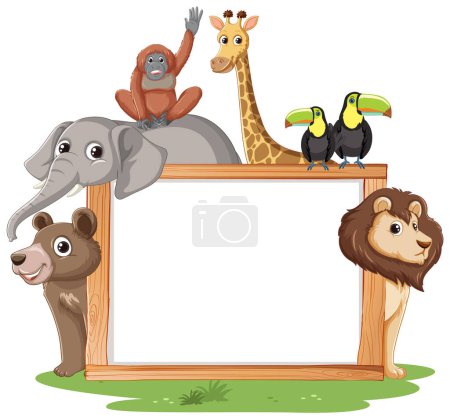 Illustration for Cartoon animals around an empty wooden frame - Royalty Free Image