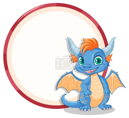 Téléchargez les illustrations : Mignon dragon bleu souriant à côté d'un oeuf - en licence libre de droit