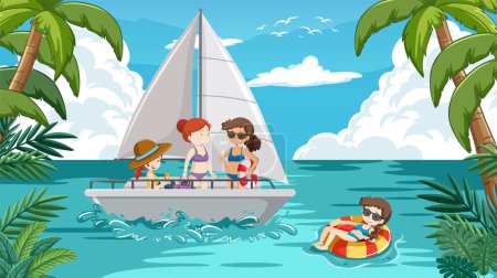 Ilustración de Amigos disfrutando de un día soleado en un velero - Imagen libre de derechos