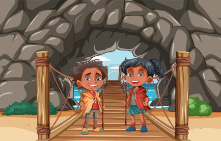 Two children standing excitedly at a cave's entrance.
