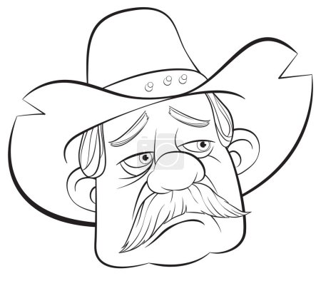 Black and white drawing of a sad cowboy face.