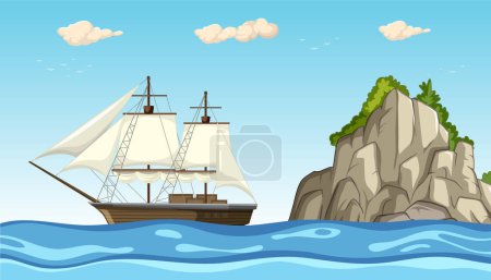 Téléchargez les illustrations : Bateau à l'ancienne naviguant près d'une île de falaise. - en licence libre de droit