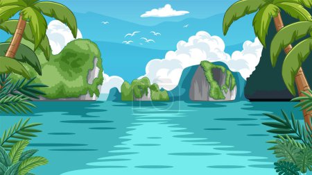 Illustration for Serene tropical island landscape with lush greenery - Royalty Free Image
