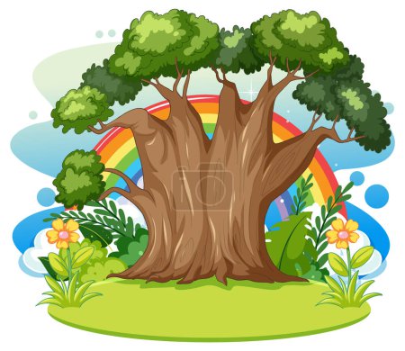 Illustration for Colorful trees with rainbow and flowers vector. - Royalty Free Image