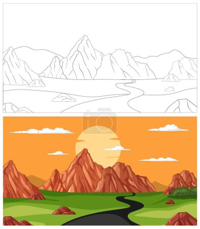 Téléchargez les illustrations : Illustration vectorielle des montagnes au lever et au coucher du soleil. - en licence libre de droit