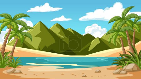Illustration for Serene beach scene with palm trees and mountains - Royalty Free Image