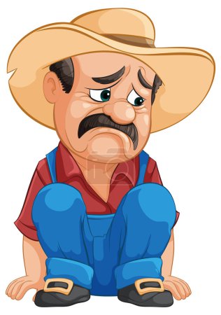 Illustration for Cartoon cowboy sitting down, looking upset and thoughtful. - Royalty Free Image