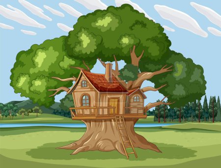 Illustration for Quaint wooden treehouse nestled in a lush greenery - Royalty Free Image