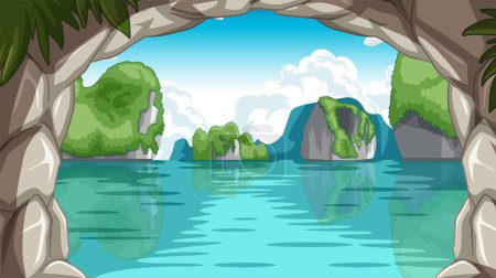 Vector illustration of a tranquil lake seen from a cave