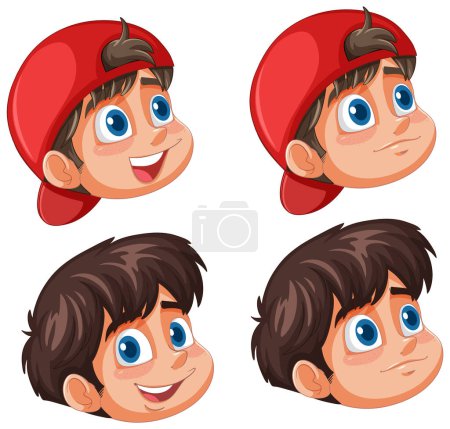 Téléchargez les illustrations : Quatre expressions d'un garçon de bande dessinée avec une casquette - en licence libre de droit
