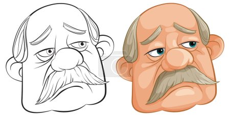 Zwei Abbildungen des Gesichts eines älteren Mannes im Cartoon.
