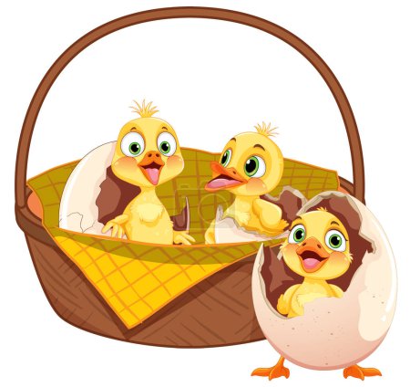 Illustration for Three cartoon ducklings in a picnic basket - Royalty Free Image