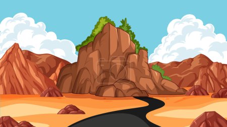 Winding road in a desert with rocky cliffs.