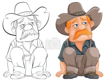 Illustration for Two cartoon cowboys with somber expressions sitting. - Royalty Free Image