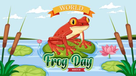 Colorful frog on lily pad with World Frog Day banner