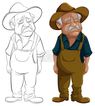 Illustration for Cartoon of a sad elderly farmer in overalls - Royalty Free Image