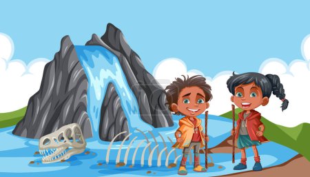 Téléchargez les illustrations : Deux enfants souriant près d'un squelette de dinosaure et d'une cascade - en licence libre de droit
