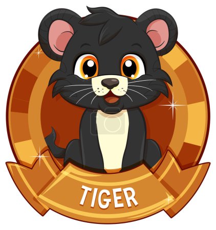 Téléchargez les illustrations : Adorable ourson tigre dessin animé à l'intérieur d'un insigne brillant - en licence libre de droit