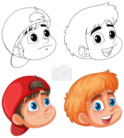 Ilustración de Cuatro ilustraciones de un niño con diferentes expresiones. - Imagen libre de derechos