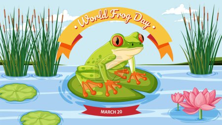 Colorful frog on lily pad with event banner