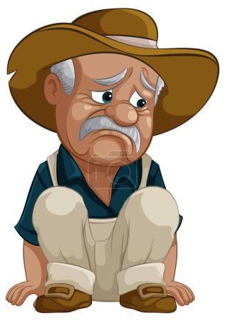 Illustration for Cartoon of a sad cowboy sitting down, looking pensive. - Royalty Free Image