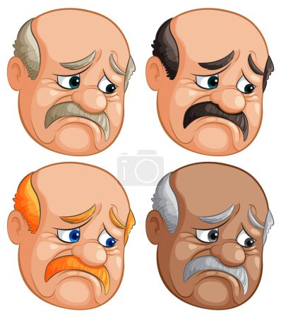 Four vector illustrations of an elderly man's emotions