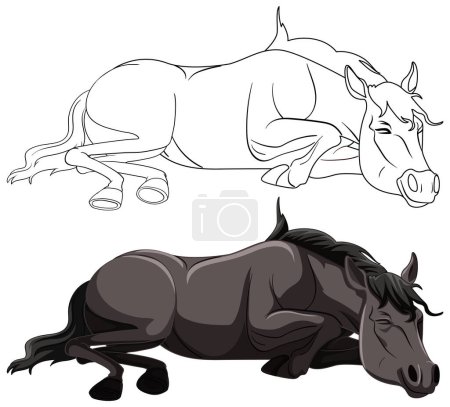 Ilustración de Dos caballos tumbados en una pose relajada. - Imagen libre de derechos