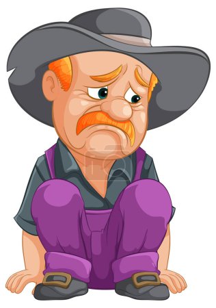 Illustration for Cartoon cowboy sitting down, looking dejected and thoughtful. - Royalty Free Image
