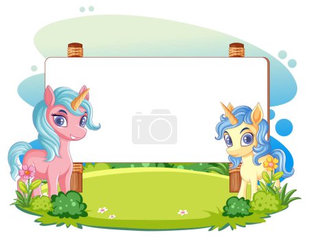 Illustration for Two cartoon unicorns beside a blank banner. - Royalty Free Image