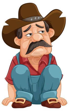 Illustration for Cartoon of a cowboy sitting down looking grumpy - Royalty Free Image