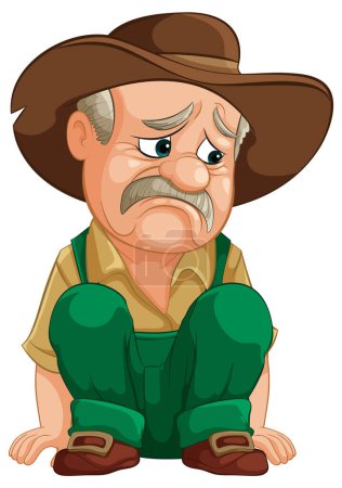 Illustration for Cartoon cowboy sitting down, looking sad and contemplative. - Royalty Free Image