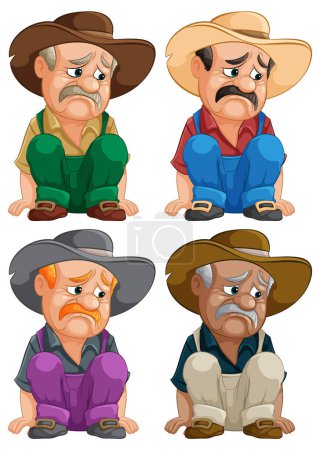 Illustration for Four illustrations showing a cowboy with different emotions. - Royalty Free Image