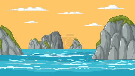 Ilustración de Mar tranquilo con acantilados rocosos y cielo nublado - Imagen libre de derechos