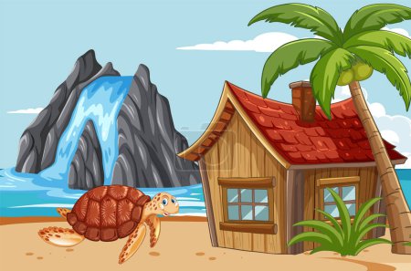 Téléchargez les illustrations : Illustration d'une tortue près d'une cabane sur une plage - en licence libre de droit