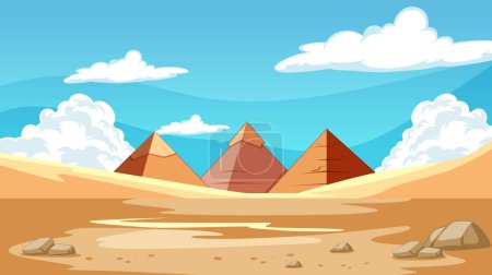 Cartoon illustration of pyramids in a sandy desert