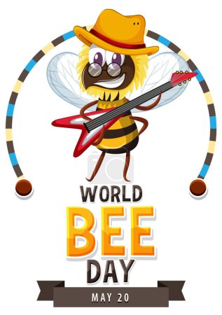 Cartoon bee playing guitar, celebrating World Bee Day