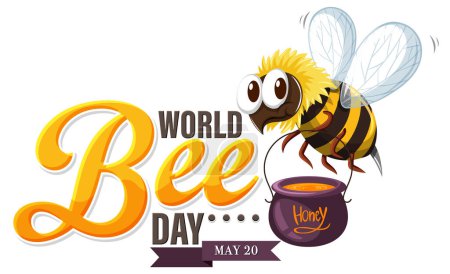 Téléchargez les illustrations : Caricature d'abeille avec pot de miel marquant la Journée mondiale de l'abeille - en licence libre de droit