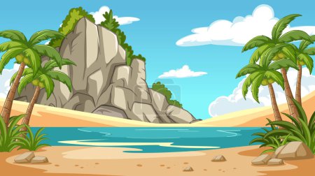 Téléchargez les illustrations : Scène de plage tropicale sereine avec palmiers luxuriants et falaises - en licence libre de droit