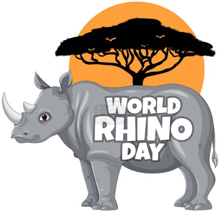 Cartoon rhino with African savanna backdrop.