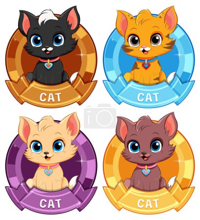 Ilustración de Cuatro lindos gatitos animados con insignias de colores - Imagen libre de derechos