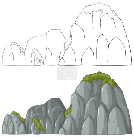 Vektorkunst der Berge mit grünen Laub-Akzenten