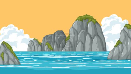 Ilustración de Obra de arte vectorial de acantilados por un mar tranquilo - Imagen libre de derechos