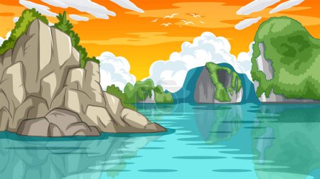 Ilustración vectorial de un paisaje tranquilo junto al lago